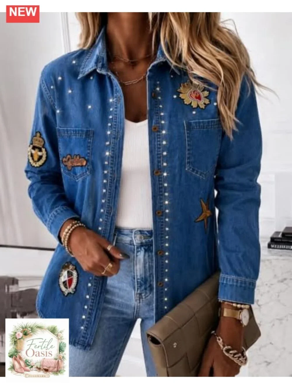 Oversized Rhinestone Denim Shacket Embroidered Patches Jacket